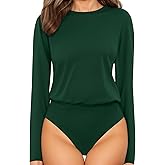 MANGOPOP Women's Body Suits Round Neck Loose Fit Satin Blouse Long Sleeve Bodysuit Tops