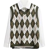 Lailezou Women's V Neck Knit Sweater Vest Argyle Plaid Preppy Style Sleeveless Crop Knitwear Tank