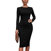 Kaximil Women's Sexy Bodycon Ruched Long Sleeve Basic Midi Club Party Pencil Dresses