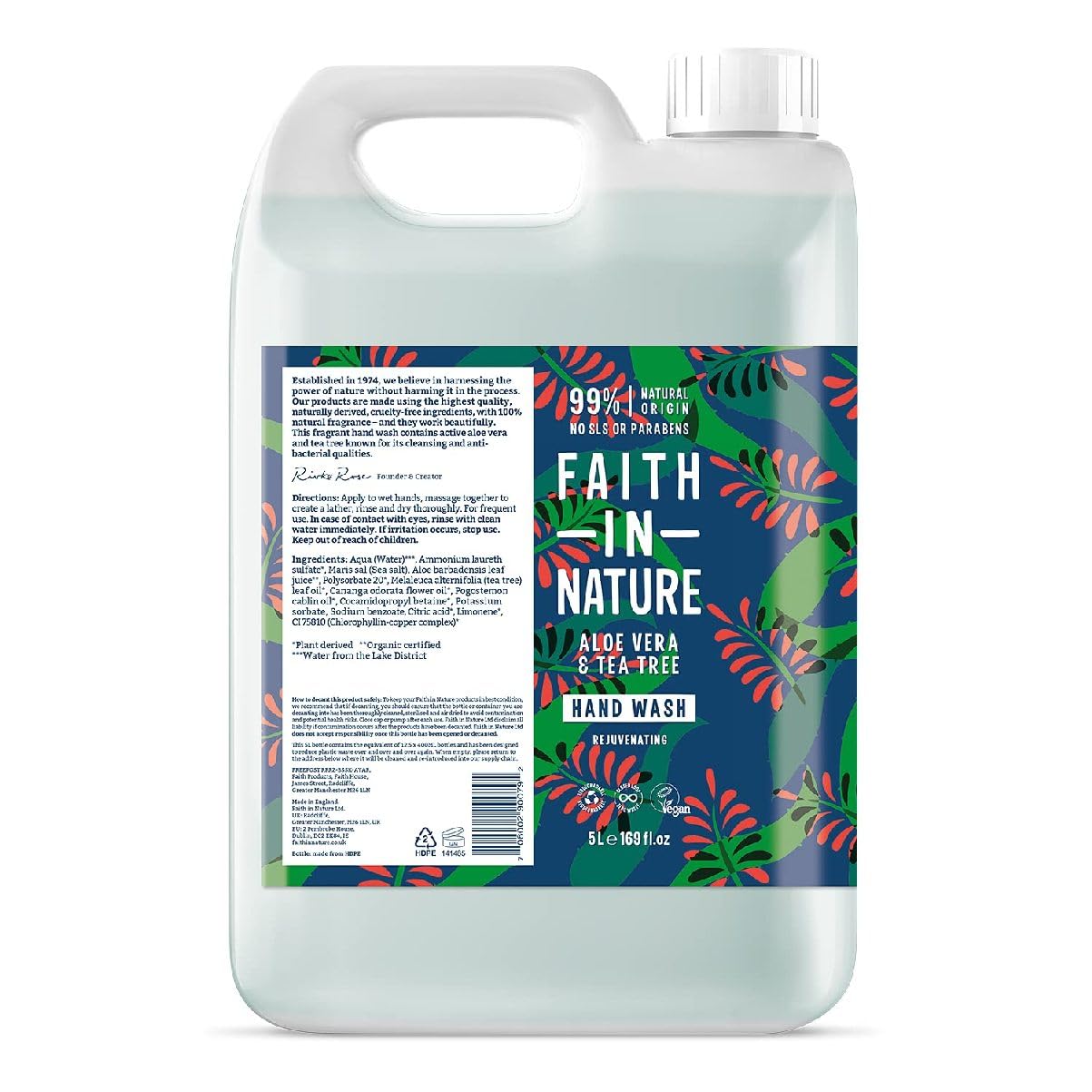 Faith In Nature Natural Aloe Vera and Tea Tree Hand Wash, Rejuvenating, Vegan and Cruelty Free, No SLS or Parabens, 5 L Refill Pack — image 1