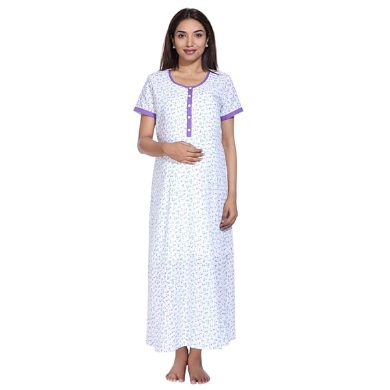 White Feeding Nighty/Maternity Nighty for Feeding/Easy Breastfeeding/Can Be Worn for Pregnany & Later