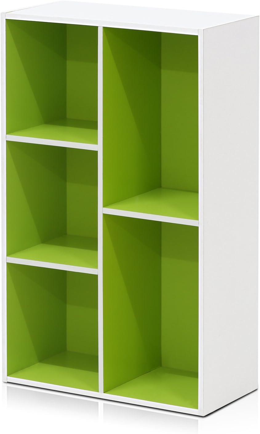 Furinno LUDER Book Shelf, 5-Cube Bookshelf, Reversible Bookcase, 9.4 x 19.5 x 31.5, for Living Room Bedroom, Home Office, White/Green