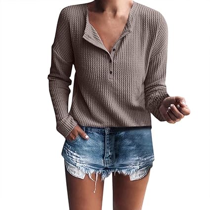 Bluelucon Damen Strick Tops Bluse V-Ausschnitt Henley Shirt Button Langarmshirt Strickwaren Casual Langarm Oberteile Herbst W