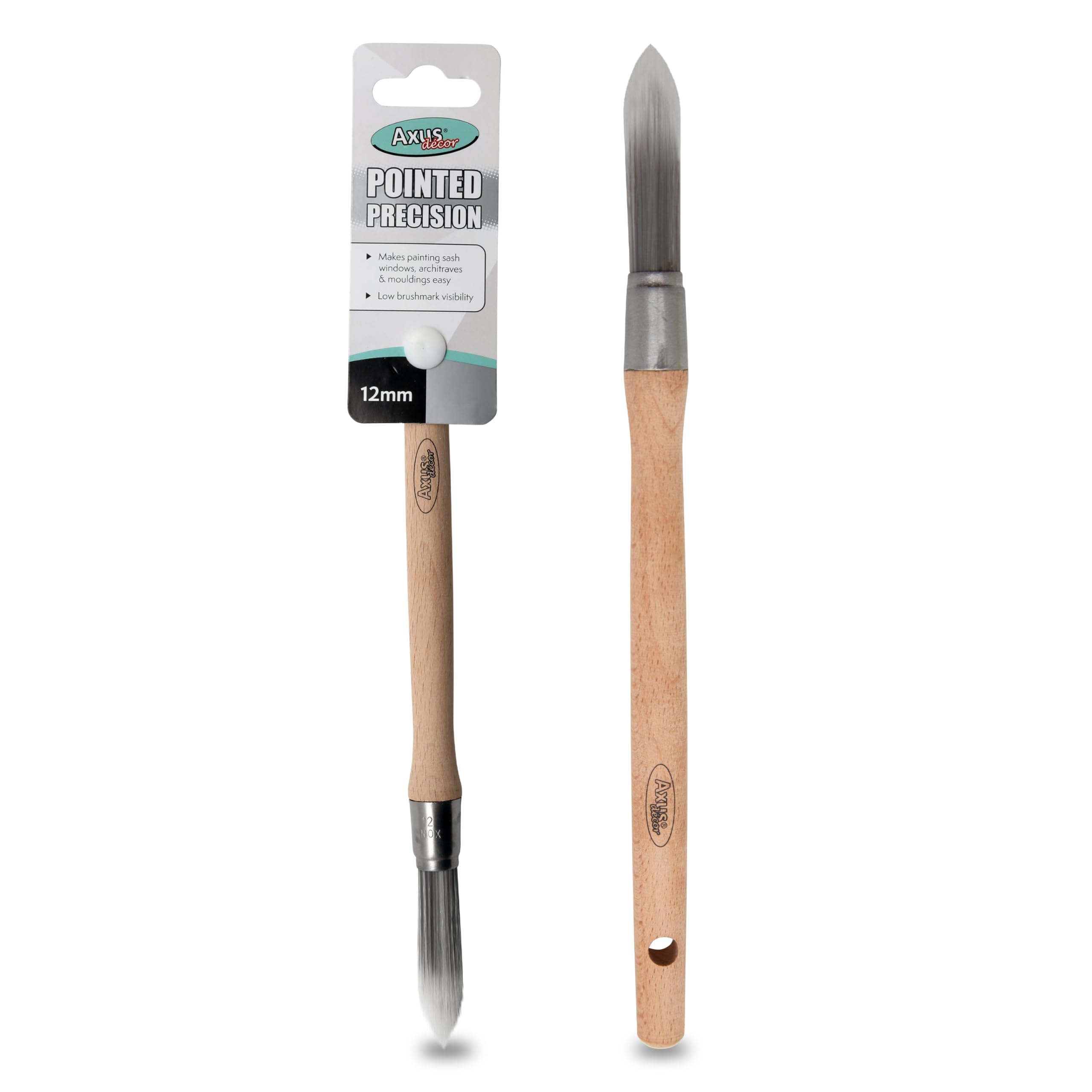 Axus Decor Pointed Precision Paint Brush (Grey Color) - 12mm - For All Sash Windows, Architraves & Mouldings, Smooth Finish, Eco-friendly Bamboo Handles, Anti-Rust Stainless Steel, Synthetic Filaments