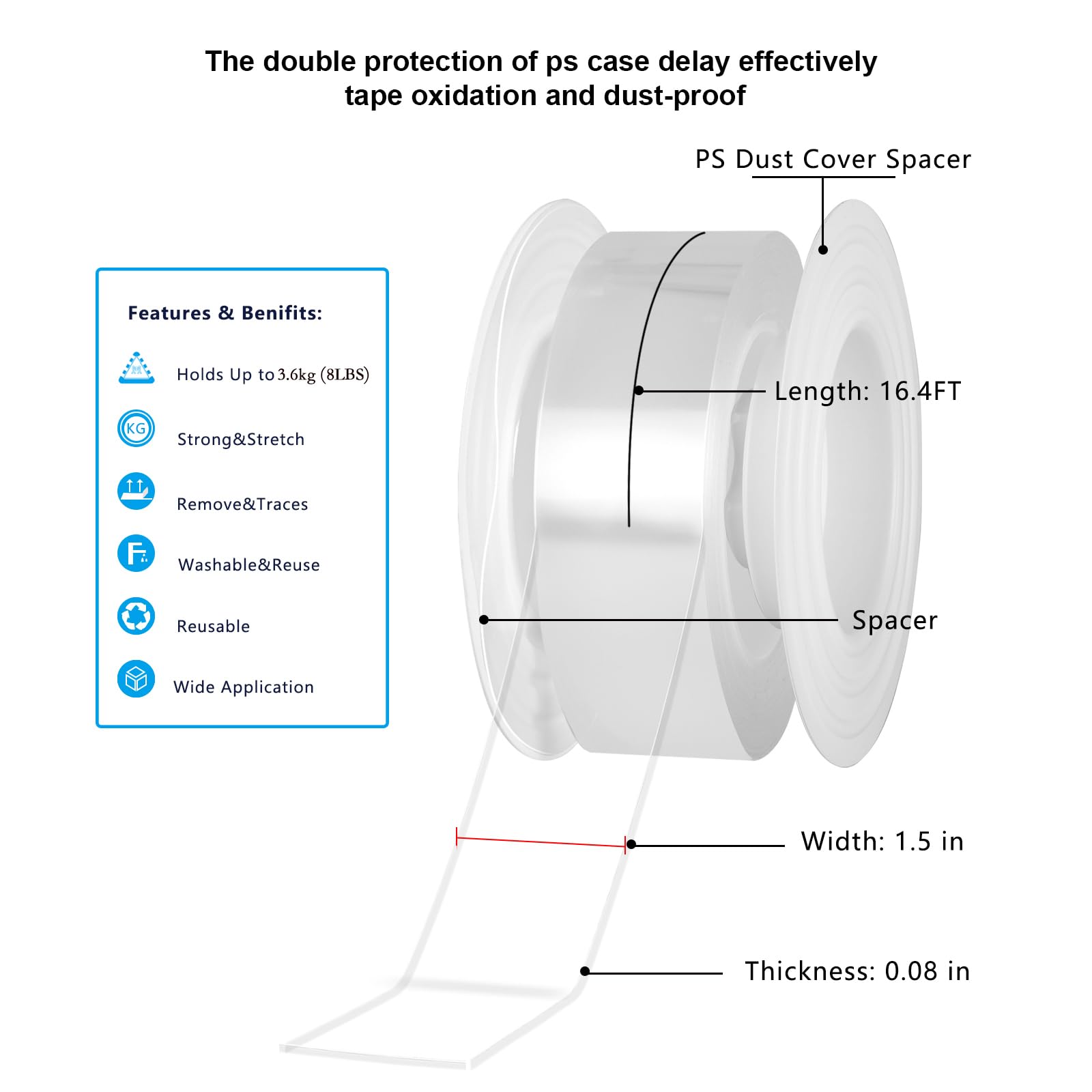 fdalas Double Sided Tape Heavy Duty Nano Tape,Extra Large 1.5In x 16.4 FT Clear Mounting Tape,Strong Grip Picture Hanging Strips,Removable Traceless Two Sided Adhesive Tape,Sticky Poster Carpet Tape