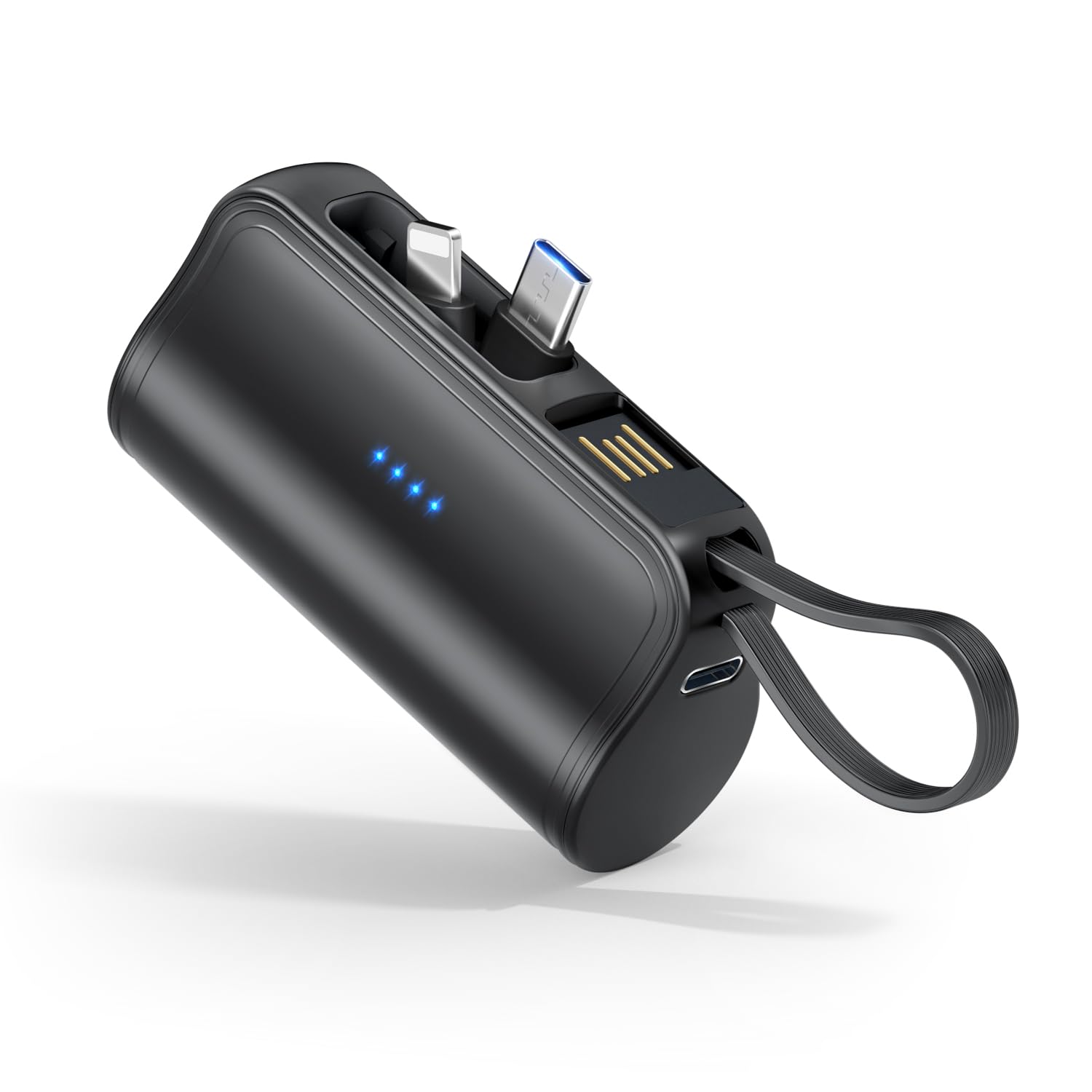 モバイルバッテリー 軽量 小型 5000mAh 【改良モデル& MFi認証済み】携帯バッテリー Lightningコネクター & type-c コネクター内蔵 蓄電用ケーブル内蔵 直接充電 スマホ充電器 急速充電 コンパクト隠しスタンド搭載 持ち運び便利 98.5gコードレス旅行/出張PSE認