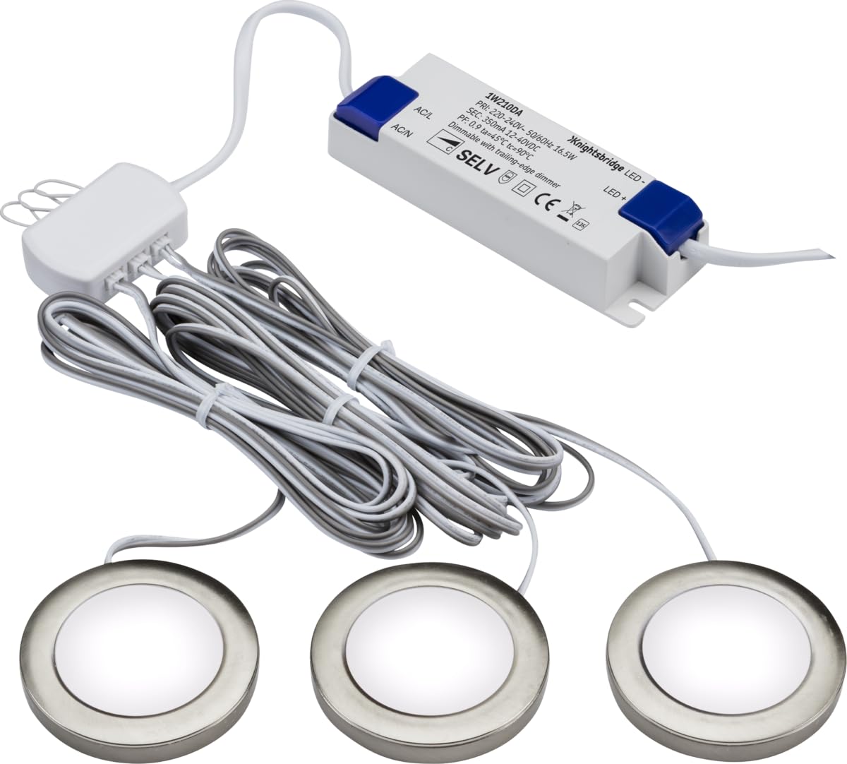 Knightsbridge Pack of 3 Cool White LED Dimmable Under Cabinet Lights in Brushed Chrome, UNDKIT3BCCW