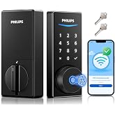 Philips Wi-Fi Smart Door Lock, Fingerprint Door Lock | APP Remote Unlock, Alexa Google Voice, 100 User Codes, Anti-Peep, Backlit Touchscreen, Waterproof, Includes 8 Batteries