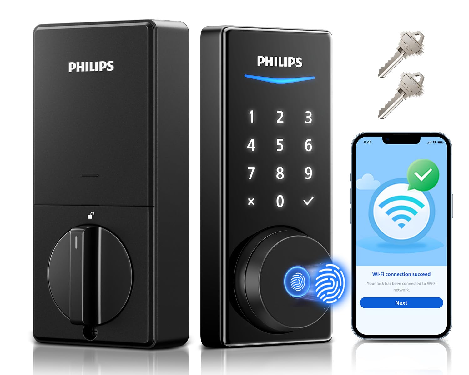 Photo 1 of Philips Built-in WiFi Smart Lock, Keyless Entry Door Lock with App, Touchscreen, Fingerprint Door Lock — Compatible with Alexa & Google, Splash-Proof Design, Includes 8 Batteries, Black