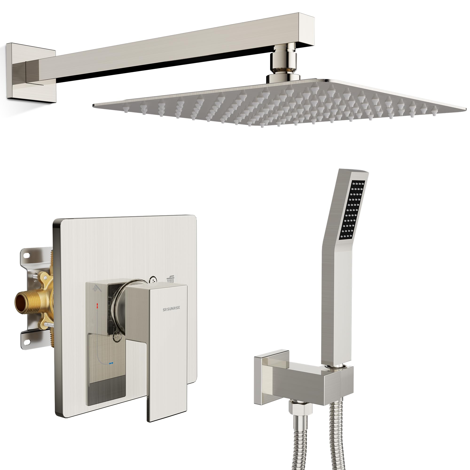 Photo 1 of SR SUN RISE Shower Faucet Set & System - 10 Inch Rainfall Shower Head & Handle Set Wall Mounted Brushed Nickel Solid Brass Valve Trim Kit Included