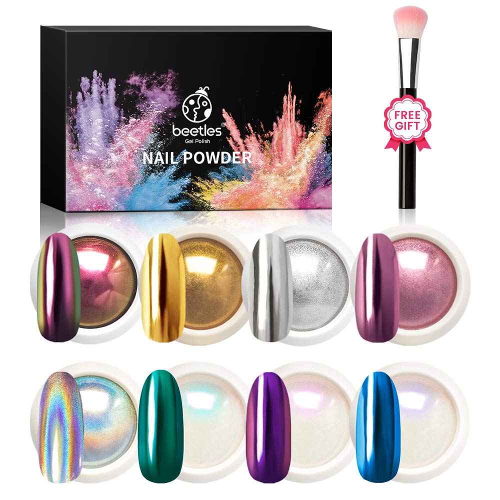 Beetles Chrome Nail Powder Mirror Effect Holographic Aurora Iridescent Pearlescent Manicure Art Decoration Glitter, 8 Colors 1g or 0.5g/Jar : Beauty