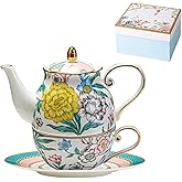 PANAOAHU Tea for One Set, Bone China Stackable Teapot with Cup and Saucer, Vintage Floral Porcelain Teapot and Cup Set, Gift for Birthday Christmas Valentine's Day