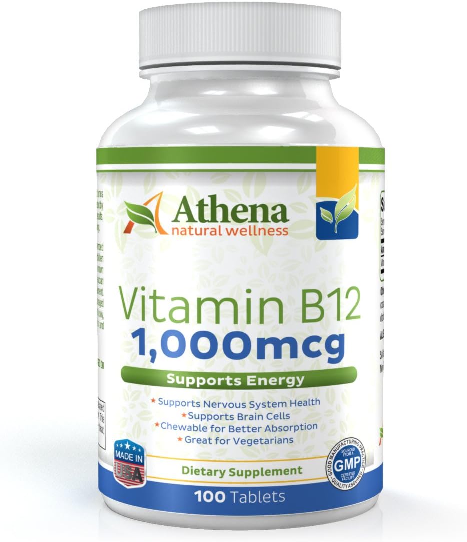 Athena - Vitamin B12 1,000mcg Chewable Tablets Supplement - Methylcobalamin - Cherry Flavor - High Potency- Suitable for Vegetarians - 100 Tablets