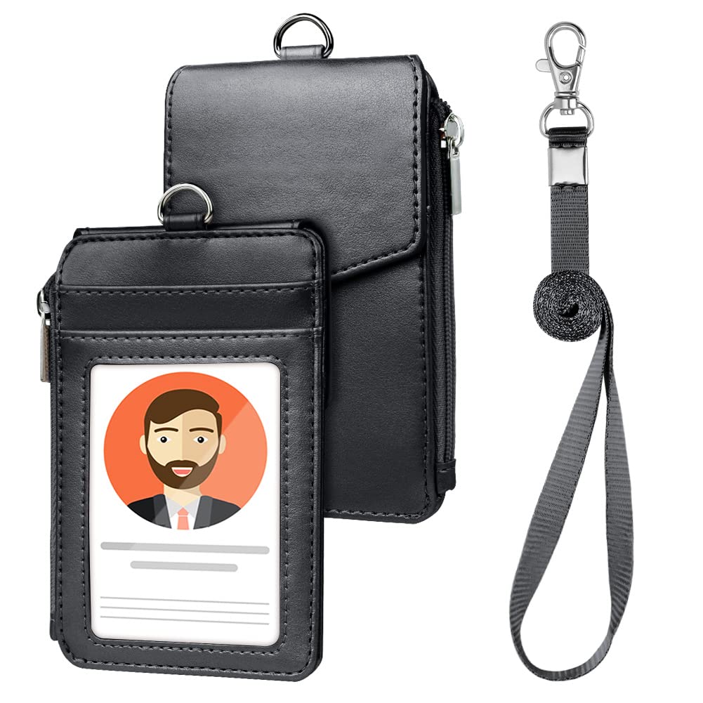 OFFCUP PU Leather Badge Holder, ID Card Holder, Credit Card Wallet with Nylon Lanyard and Zipper Pocket with Secure Cover for Office School ID, Credit Cards, Driver Licencea (Black)