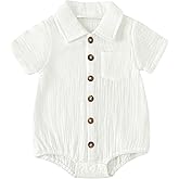 Sprifallbaby Baby Girl Boy Button Down Shirt Newborn Solid Color Short Sleeve Collared Romper Infant Summer Formal Bodysuit