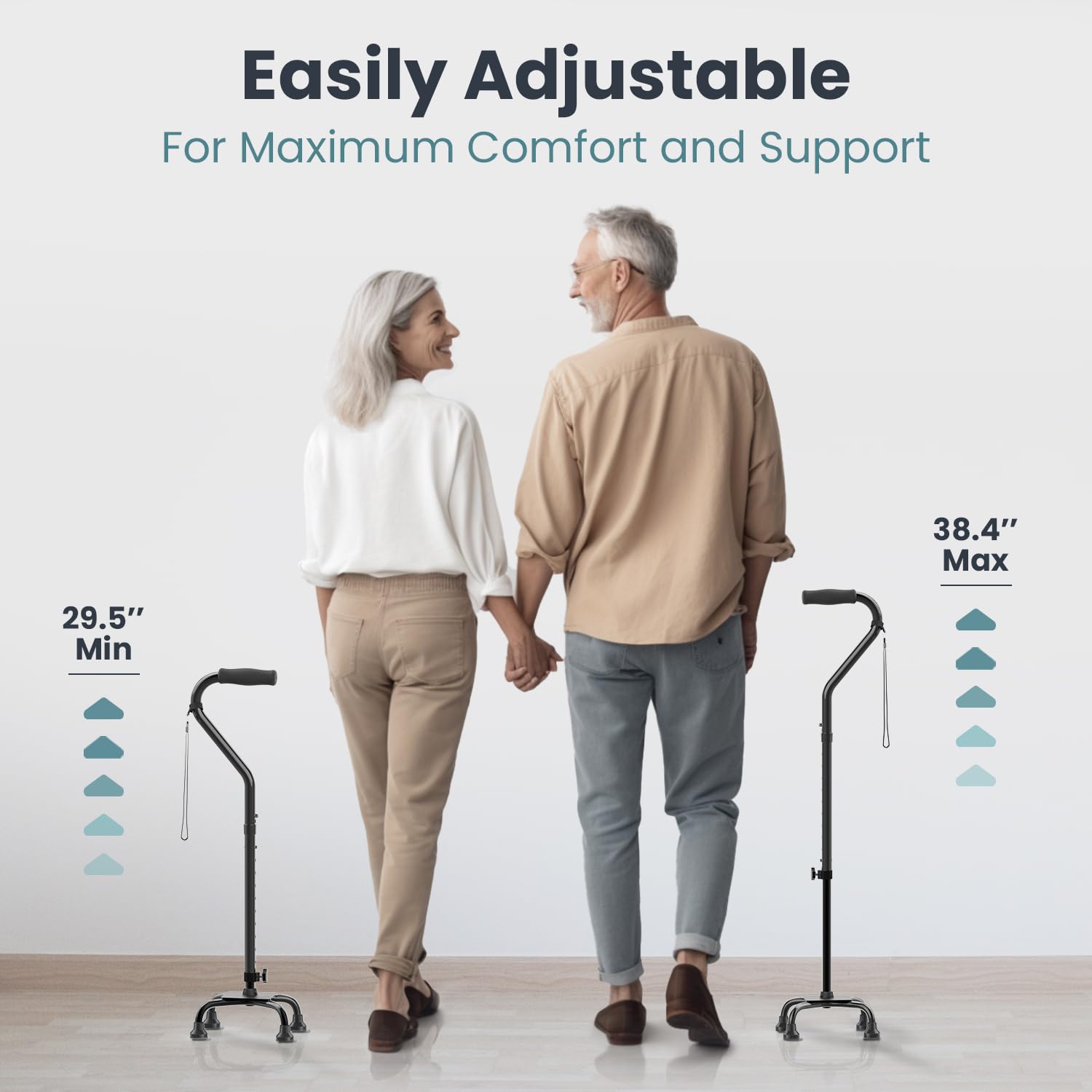 Quad Cane (300 lb) - Adjustable Walking Cane with A Large 4 Pronged Base for Extra Balance & Stability, Walking Canes for Seniors, Walking Cane for Men & Women, Walking Sticks