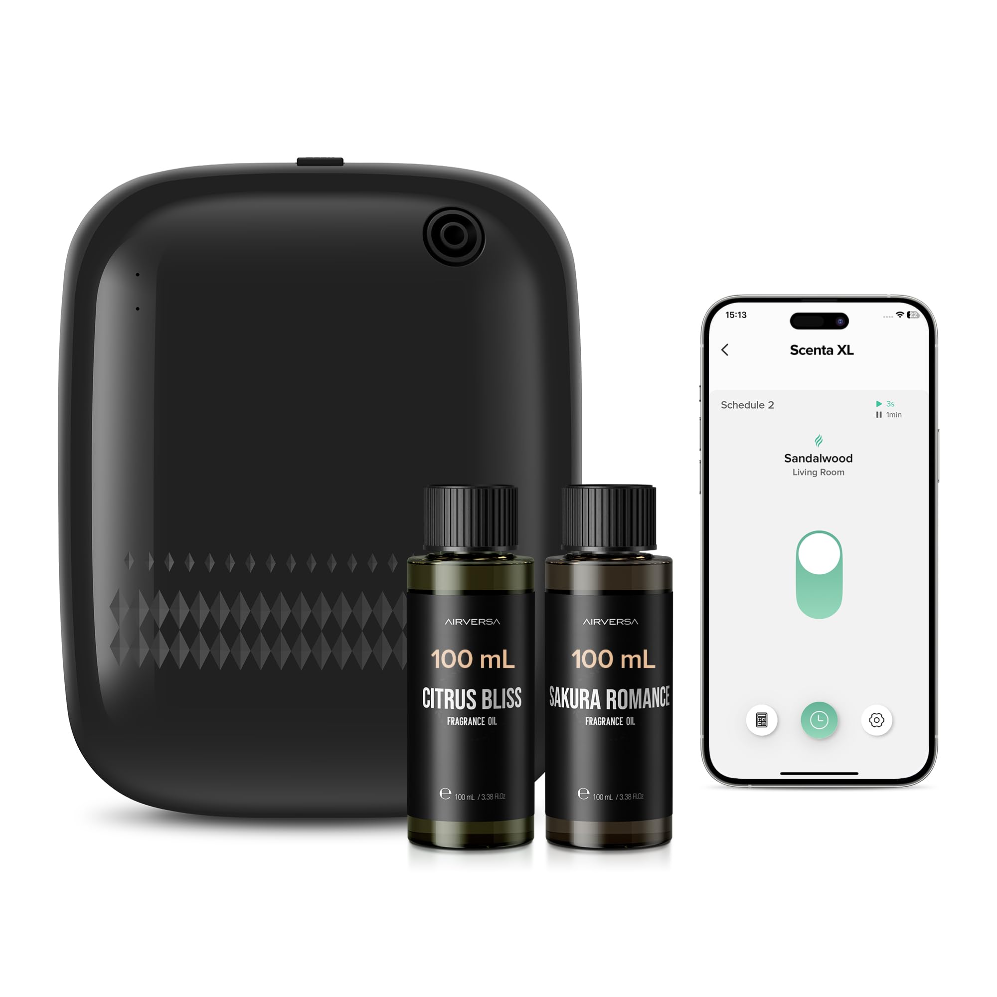 Photo 1 of Airversa Smart Waterless Essential Oil Diffuser (400 mL Capacity) Starter Kit with 200mL Fragrance Scent Oils, Up to 2000 sq ft App Control Scent Air Machine with 12V1A Power Adapter, ANW Kit Black