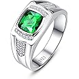 Yaresul Men's Silver Ring, 925 Sterling Silver, Solitaire, Princess Cut Emerald & Cubic Zirconia, Size 11, May Birthstone Ring, Wedding Band, Gift for Dad