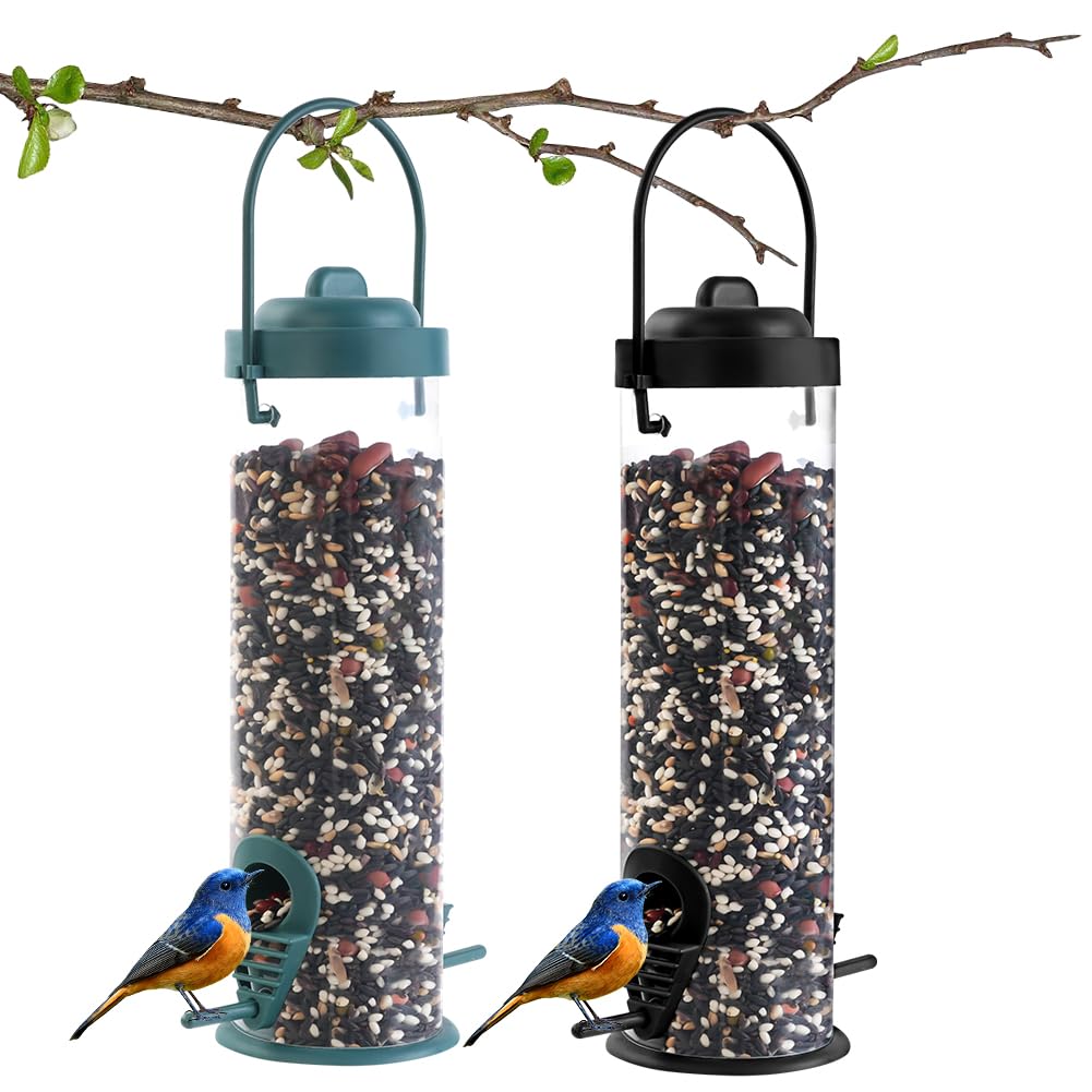 OFFCUP Bird Feeders, 2PCS Hanging Seed Feeder with 2 Ports, Refillable Premium Quality Bird Feeder Station for Small Birds Lawn and Garden Outdoor Use (Green+ Black)