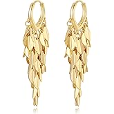 Hius 18K Gold Plated Leaf Hoop Earrings for Women, Long Tassel Dangle Drop Earrings, Chunky Gold Chandelier Earrings