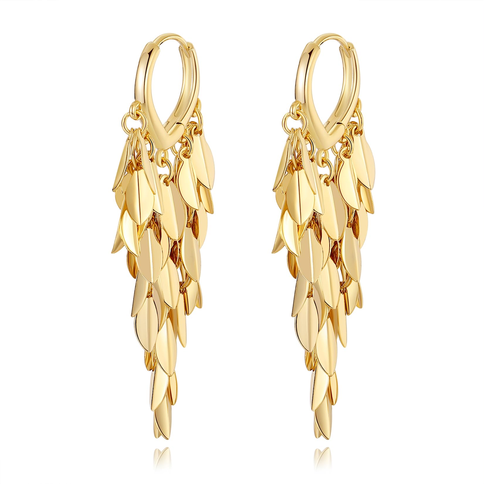 Photo 1 of Hius 18K Gold Plated Leaf Hoop Earrings for Women, Long Tassel Dangle Drop Earrings, Chunky Gold Chandelier Jewelry, Dangling Earrings for Prom