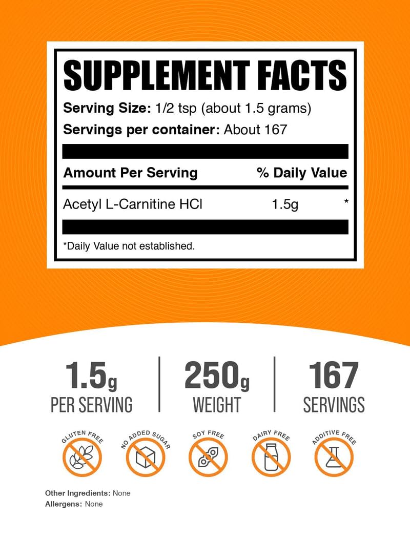 BulkSupplements.com Acetyl L-Carnitine Powder - as ALCAR HCl, Carnitine Supplement - Gluten Free, 1.5g per Serving, 250g (8.8 oz) (Pack of 1)