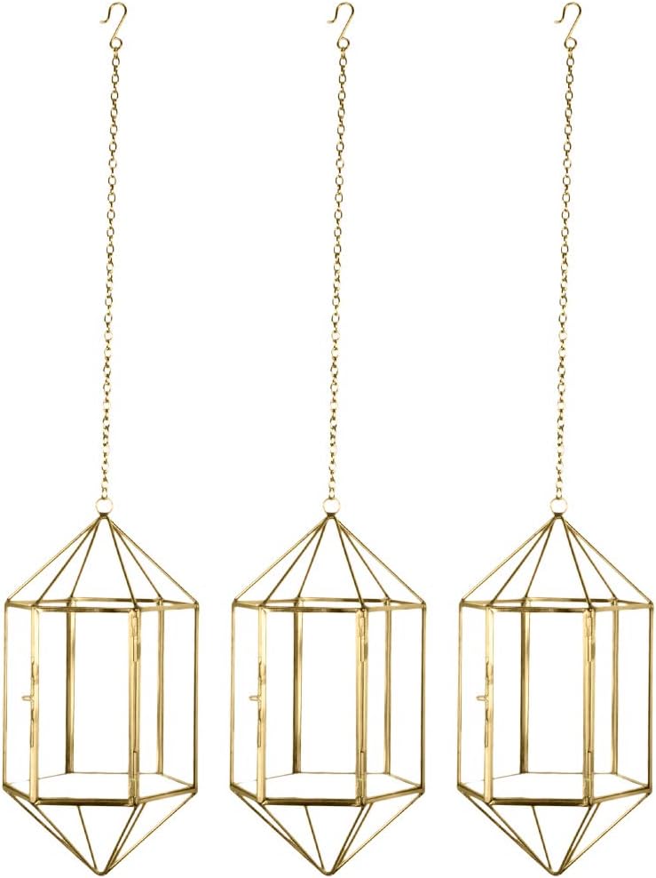 Koyal Wholesale Gold Geometric Metal Glass Hanging Candle Lantern Set of 3 Geometric Modern Prism Pendants, Modern Hanging Vase Terrariums, Air Planters, Plant Holders 12-Inch Chains Included