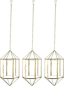 Koyal Wholesale Gold Geometric Metal Glass Hanging Candle Lantern Set of 3 Geometric Modern Prism Pendants, Modern Hanging Vase Terrariums, Air Planters, Plant Holders 12-Inch Chains Included