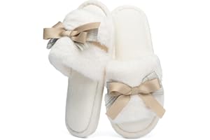 GOEWY Cute Bow Slippers for Women with Memory Foam Open Toe Fuzzy House Slippers Indoor Outdoor Anti-Skid Soft Birthday Gifts for Women Mom