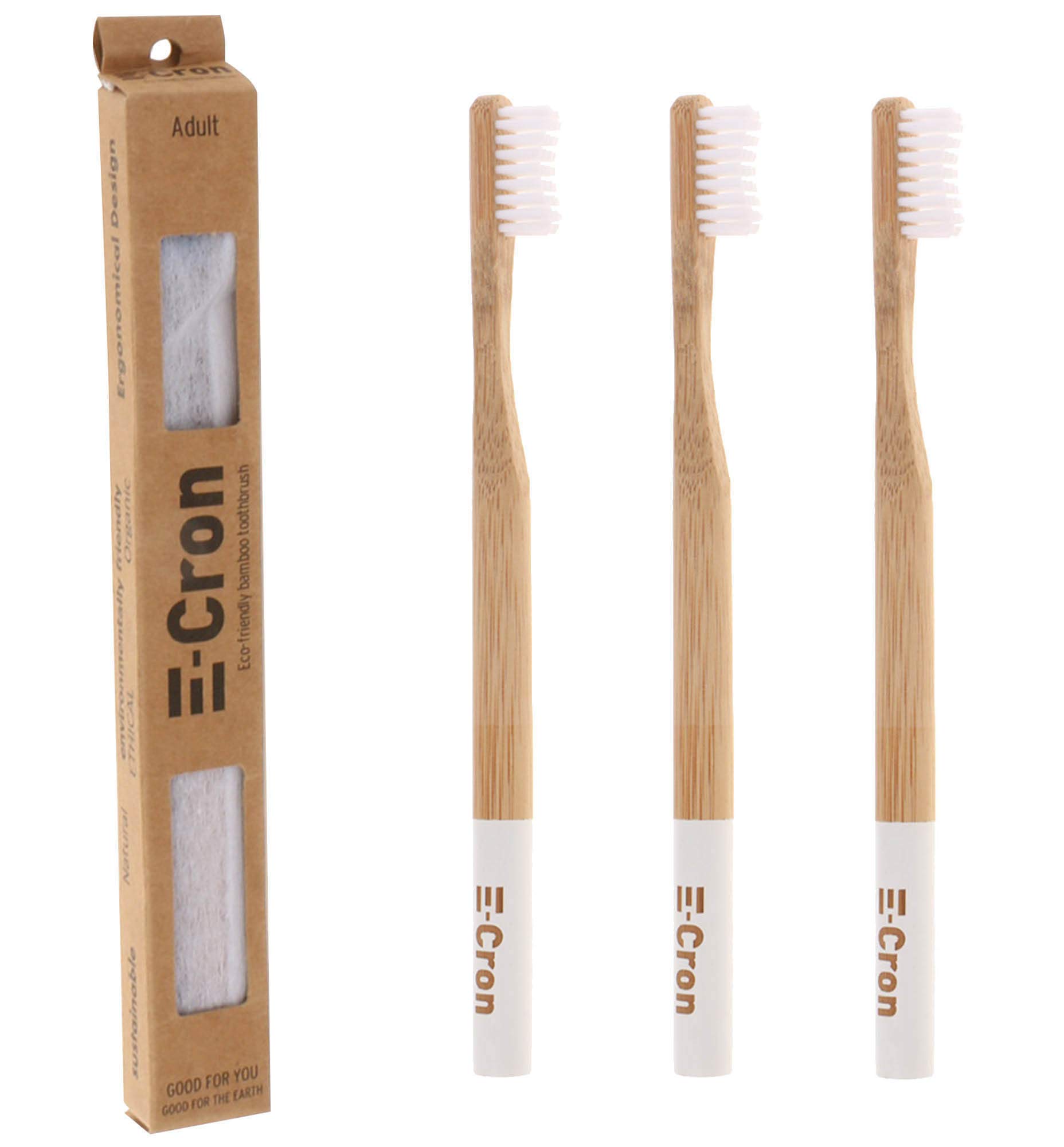 3 x E-Cron Bamboo Toothbrush (White) with Eco-friendly, 100% organic and biodegradable toothbrush handle. Your Natural Dental Care with The clean and warm touch of The bamboo.
