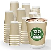 Finepak 12 oz Compostable Coffee Cups 120 Pack, BPI Certified Double Wall Insulated Hot Cups, PLA Coated Natural Kraft Paper Cups for Office, Coffee Bar & Travel