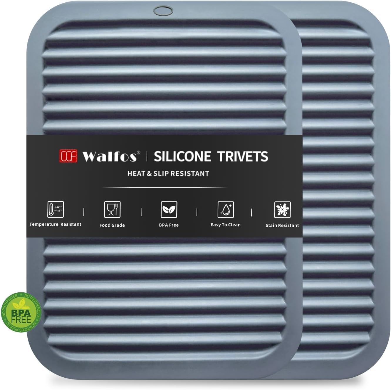 Walfos Silicone Trivets, 500°F Heat Resistant Table Mat for Hot Pots and Pans, Multi-Purpose Trivets for Kitchen Worktops Protector, Pot Holders, Two Pack, Gray