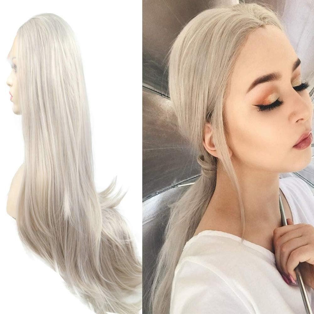 xiweiya Natural Platinum Grey 13x3 Lace Front Wig Silver Blonde Wigs Long Natural Hairline Middle Part Heat Resistant Hair for women,Drag Queen Halloween Wig 24inch