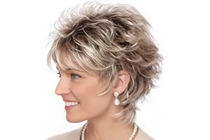 TISHINING Layered Short Blonde Pixie Wigs for White Women Dark Brown Ombre Blonde Pixie Cut Wig with Bangs Synthetic Natural Looking Daily Party Wig