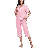 COLORFULLEAF Womens Cotton Pajama Sets Short Sleeve Button Down Sleepwear Summer Capri Pants Pjs with Pockets