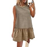 Wenrine Womens Striped Sweatshirt Dress Casual Sleeveless Crewneck Constrast Patchwork Loose Tank Mini Dresses