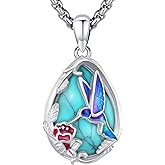 LOOVE S925 Sterling Silver Flower Hummingbird Necklace for Women Oval Black Obsidian Moonstone Pendant Mother Day Necklace for Mom Turquoise Jewelry Gifts