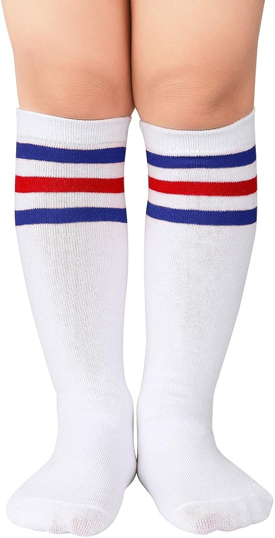 Durio Girls Knee High Socks for Toddler Girls and Boys Tube Knee Socks Kids Sports Soccer Socks White with Blue&Red Stripes: Clothing