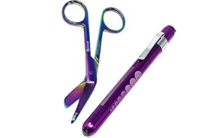 A2Z SCILAB Heavy Duty Reusable Penlight + Multi Rainbow Color Nurse Doctor Medical Lister Bandage Scissors Shears (A2ZSCILAB) (Purple + Bandage Scissors 4.5")