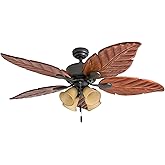 Honeywell Ceiling Fans Royal Palm, 52 Inch Tropical LED Ceiling Fan with Light, Pull Chain, Three Mounting Options, Hand Carv