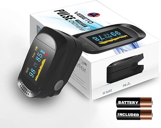 Vebeto Professional Fingertip Pulse Rate Oximeter Blood Oxygen Saturation Heart Monitor Meter Medical Device SpO2 Dual Colour OLED Display Batteries Included Highest Accuracy 1 Year Warranty (Black)