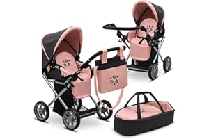Baby Doll Convertible Pram Stroller with Removable Travel Bassinet Carrier for Kids Adjustable Handle Buggy Carriage with Can