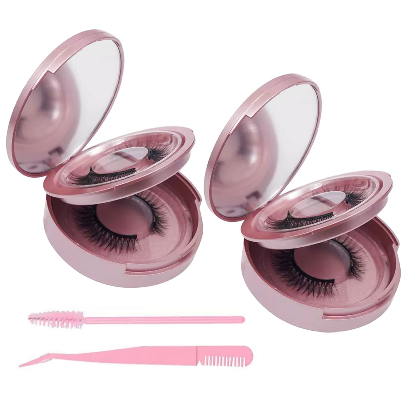 Photo 1 of 2 PCS Eyelash Storage Case with Mirror – 2-Layer Circle Lash Box, Travel-Friendly Organizer with Lash Holder & Disposable Mascara Brushes (Rose Gold)