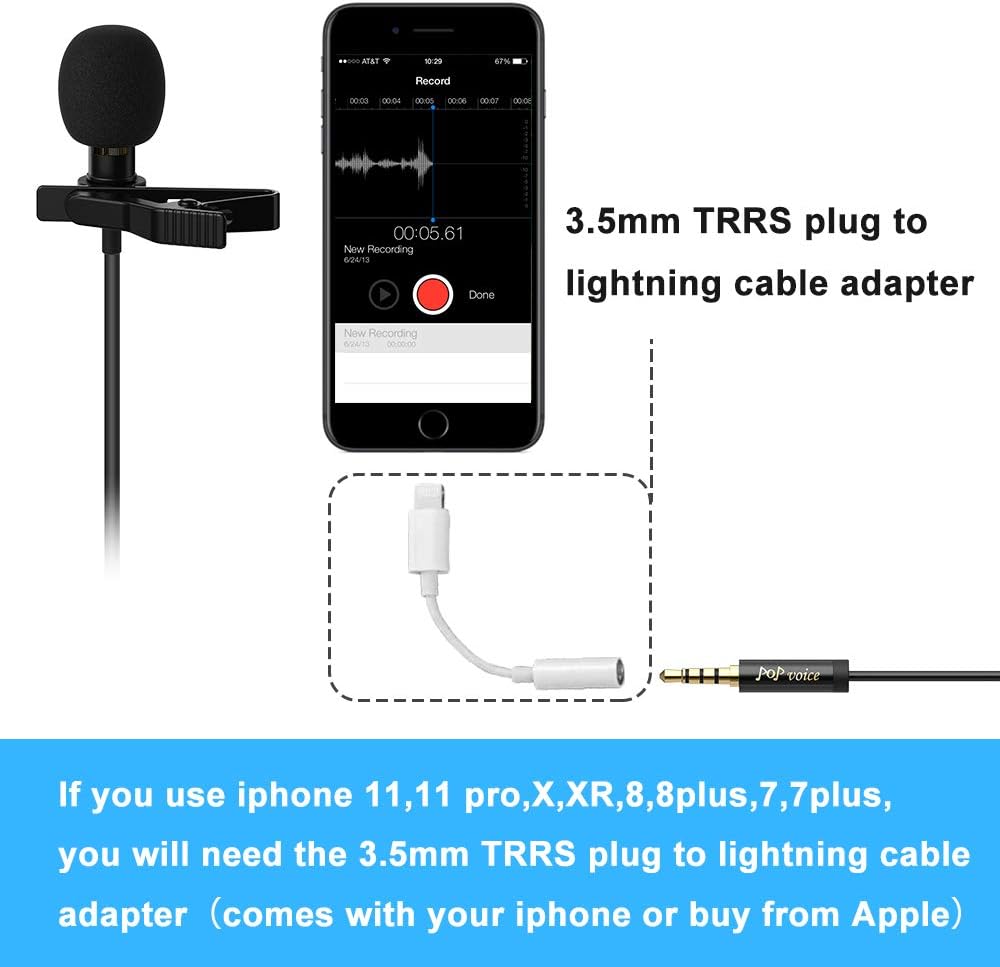 PoP Voice 12.8 Feet Lavalier Lapel Microphone Professional Grade Omnidirectional Mic Condenser Small Mini Perfect for Recording Podcast PC Laptop Android iPhone YouTube Interview ASMR External: Musical Instruments