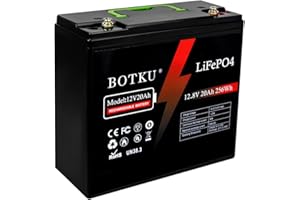 BOTKU 12V 20Ah Lithium LiFePO4 Deep Cycle Battery, 3000+ Cycle Rechargeable Lithium Iron Phosphate Battery for Solar, Fish Finder, Marine, Outdoor Camping, Off-Grid Applications with 20A BMS