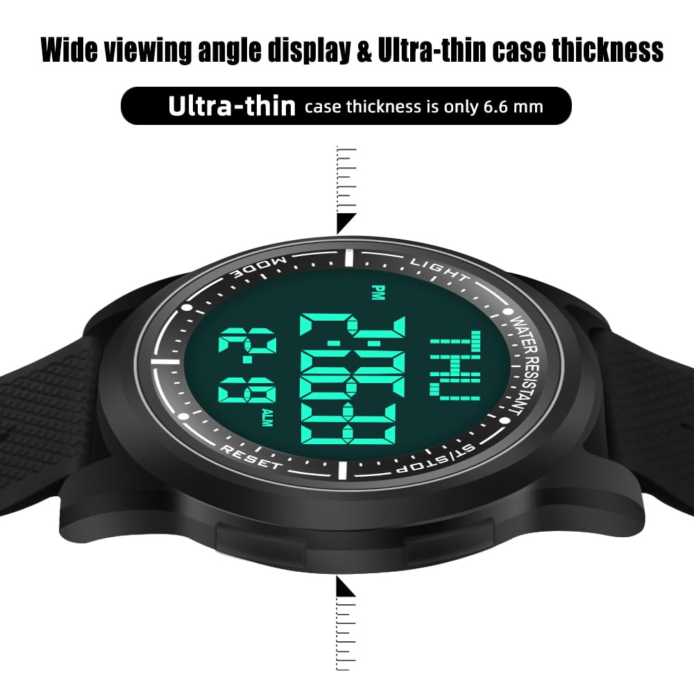 WIFORT Mens Watches Waterproof for Sports Digital Watch for Men Ultra-Thin & Wide Angle Vision Military Watch, Countdown Dual Time Split Time Stopwatch Backlight Alarm