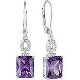 Inpasne Emerald Cut Earrings 925 Sterling Silver Baguette Birthstone Dangle Drop Leverback Earrings Jewelry Gifts for Women