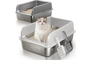 Fusblom 2 Pack Stainless Steel Cat Litter Box with Scoops, Non-Stick Easy Clean Metal Litter Box with Lid, Anti-Leakage Semi-