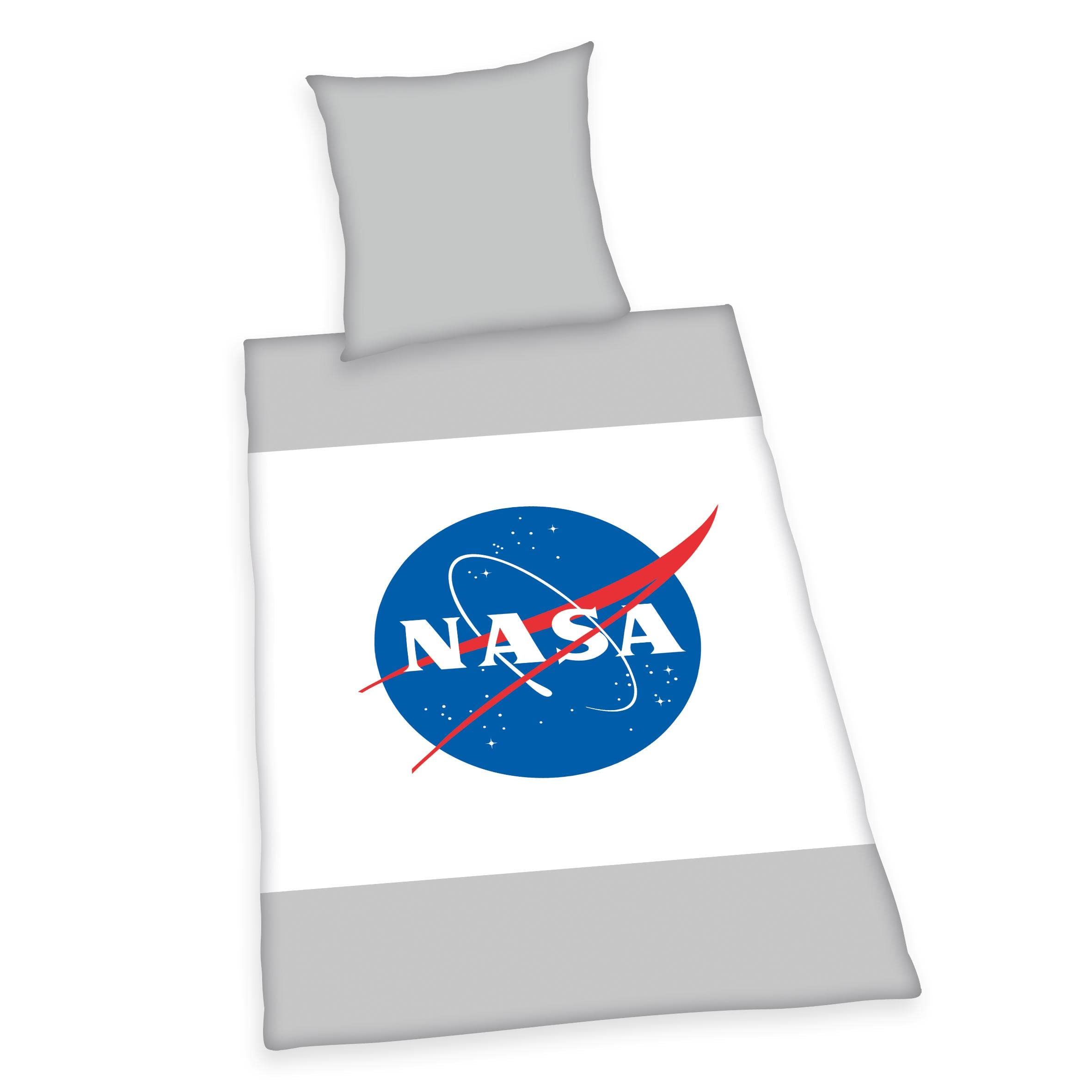 Herding NASA Bedding Set, Pillowcase 80 x 80 cm, Duvet Cover 135 x 200 cm, with smooth-running zip, 100% Cotton/Renforcé, Grey/White