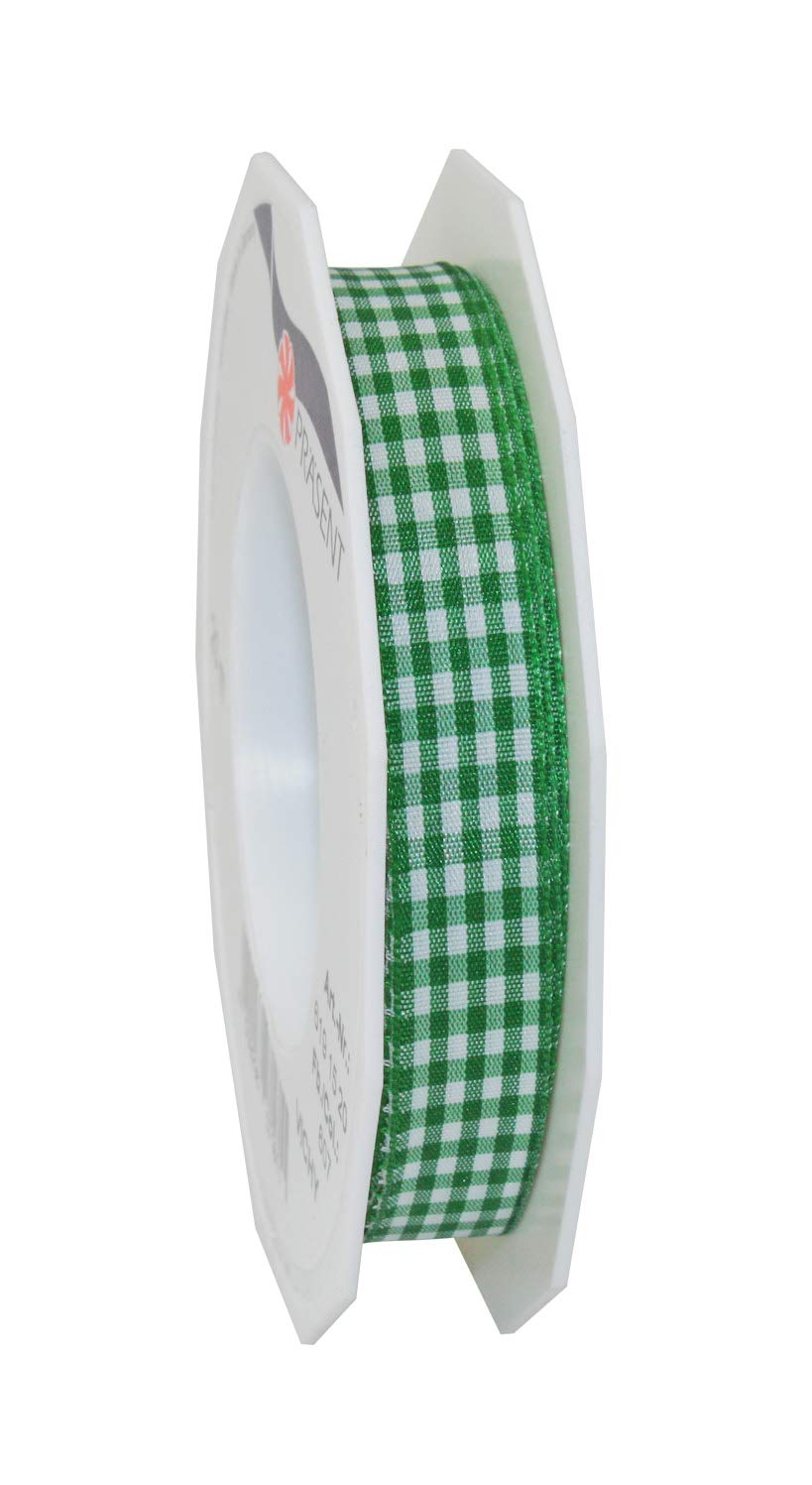Präsent - Vichy Wired Ribbon Green-White 15 mm Width, 20 m Length